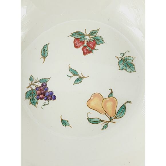Stone Ware Cereal Bowl 7" Fruit Design Strawberry Grapes Pear Cream Red Trim x2 - Picture 6 of 12
